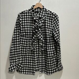 JMCLAUGHIN WOMENS BLACK WHITE BUTTON UP RUFFLE DETAIL CHECKED TOP  SZ 8